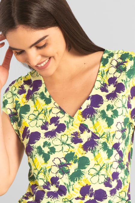 Womens Yellow Floral Print Wrap Ruffle Sleeve Top