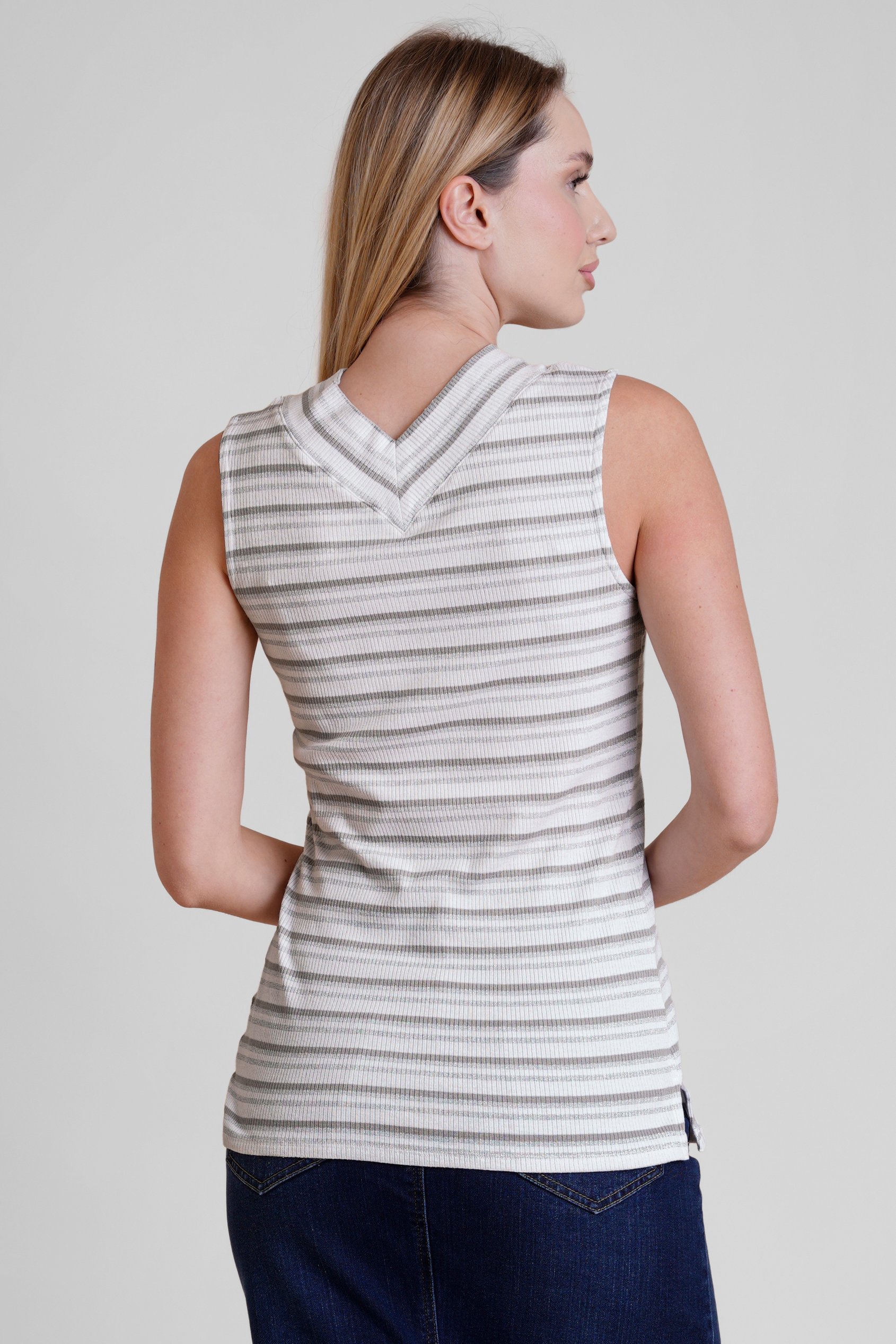 Silver Metallic V-Neck V Back Tops