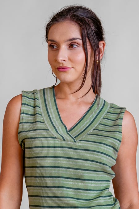 Green Silver Metallic V-Neck V Back Tops