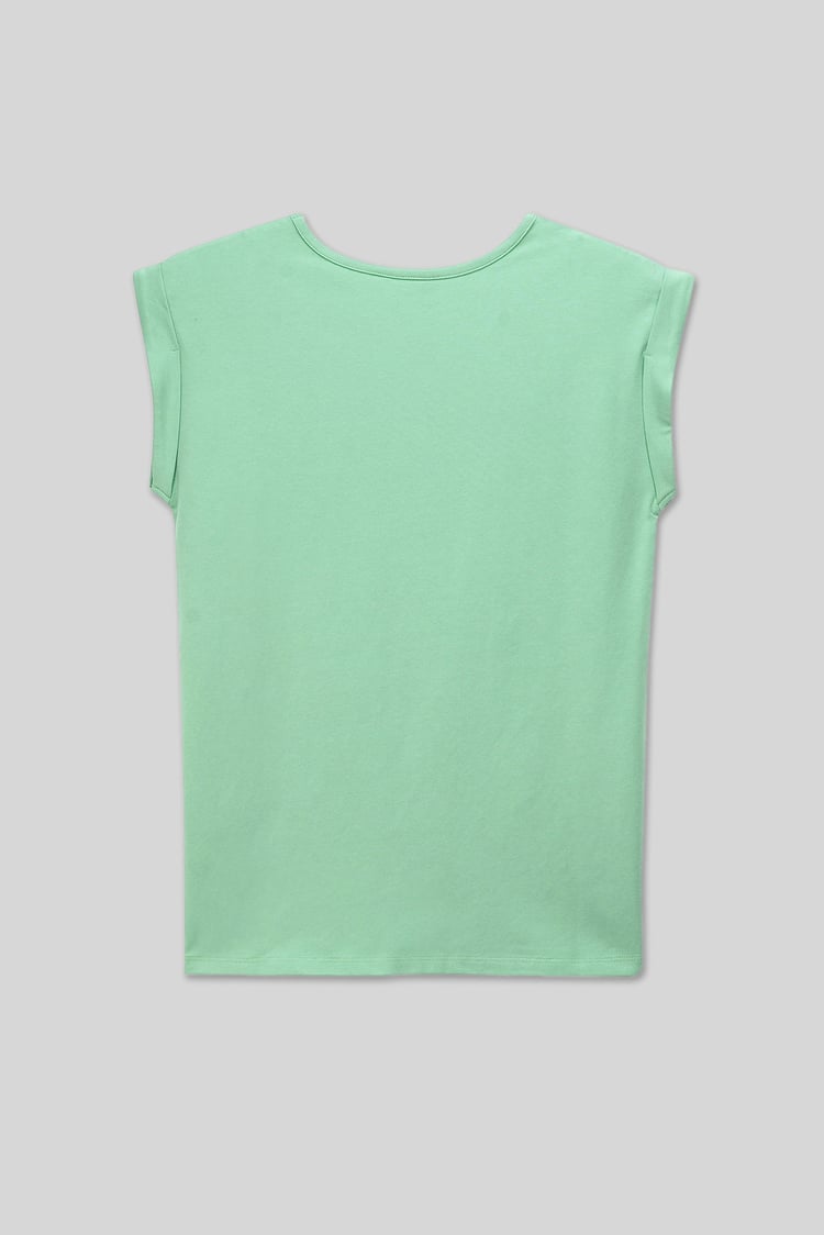 Shoulder Padded Cap-Sleeve Roll-Up T-Shirt