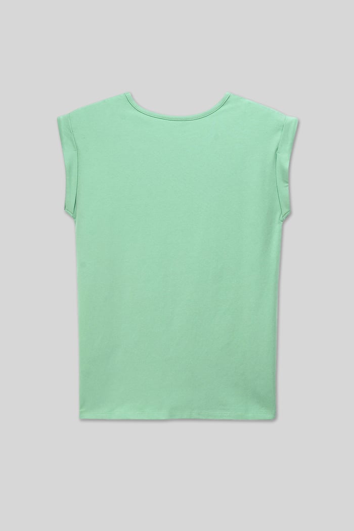 Shoulder Padded Cap-Sleeve Roll-Up T-Shirt