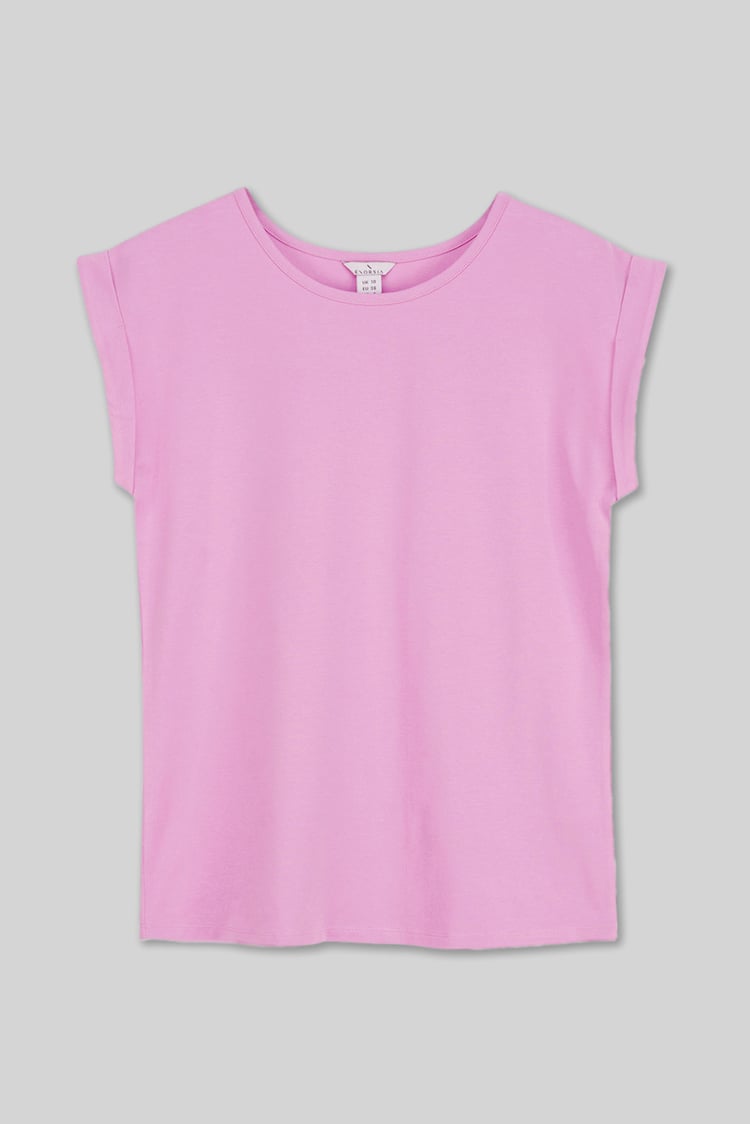 Shoulder Padded Cap-Sleeve Roll-Up T-Shirt