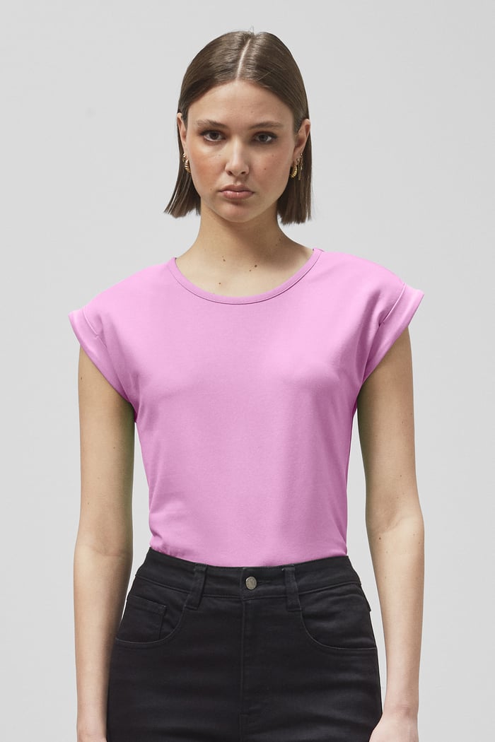 Shoulder Padded Cap-Sleeve Roll-Up T-Shirt