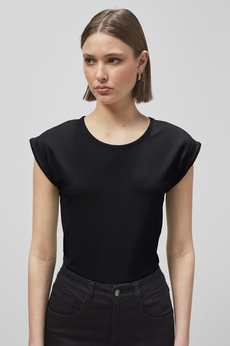 White Shoulder Padded Cap-Sleeve Roll-Up T-Shirt