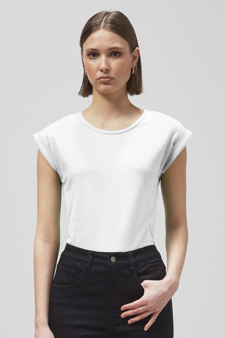 White Shoulder Padded Cap-Sleeve Roll-Up T-Shirt
