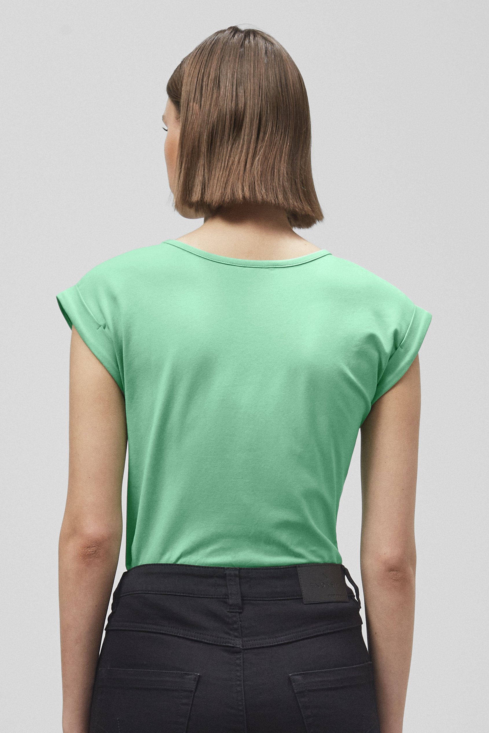 Shoulder Padded Cap-Sleeve Roll-Up T-Shirt