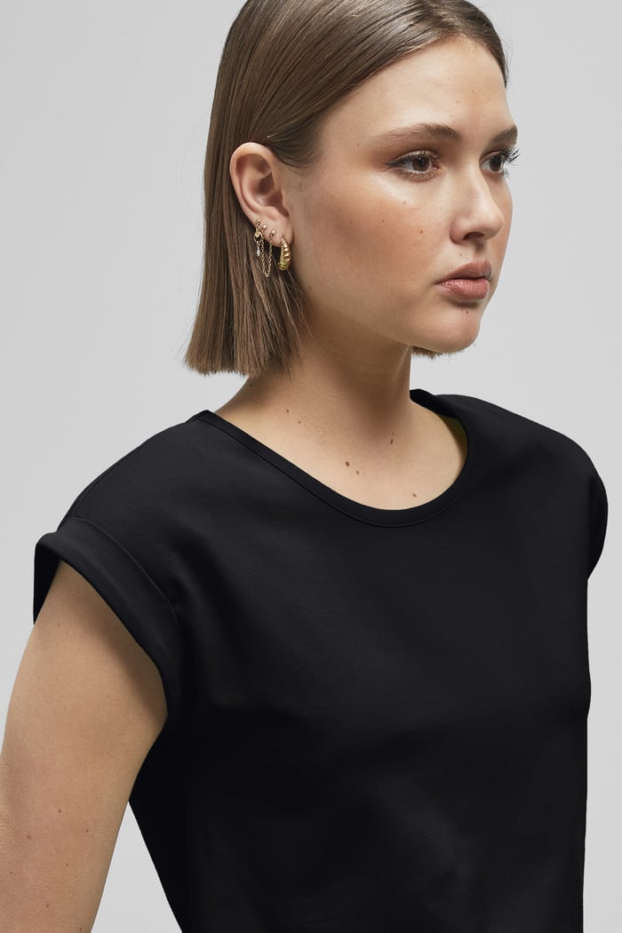 Shoulder Padded Cap-Sleeve Roll-Up T-Shirt