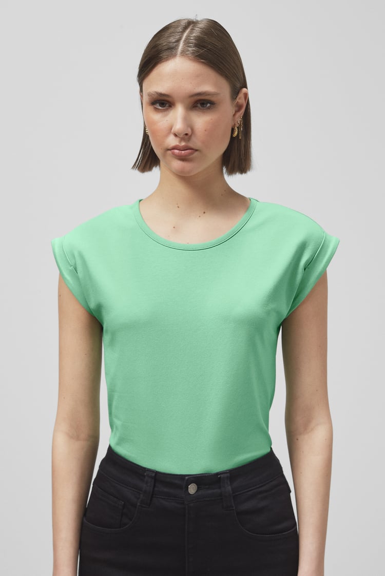 Shoulder Padded Cap-Sleeve Roll-Up T-Shirt