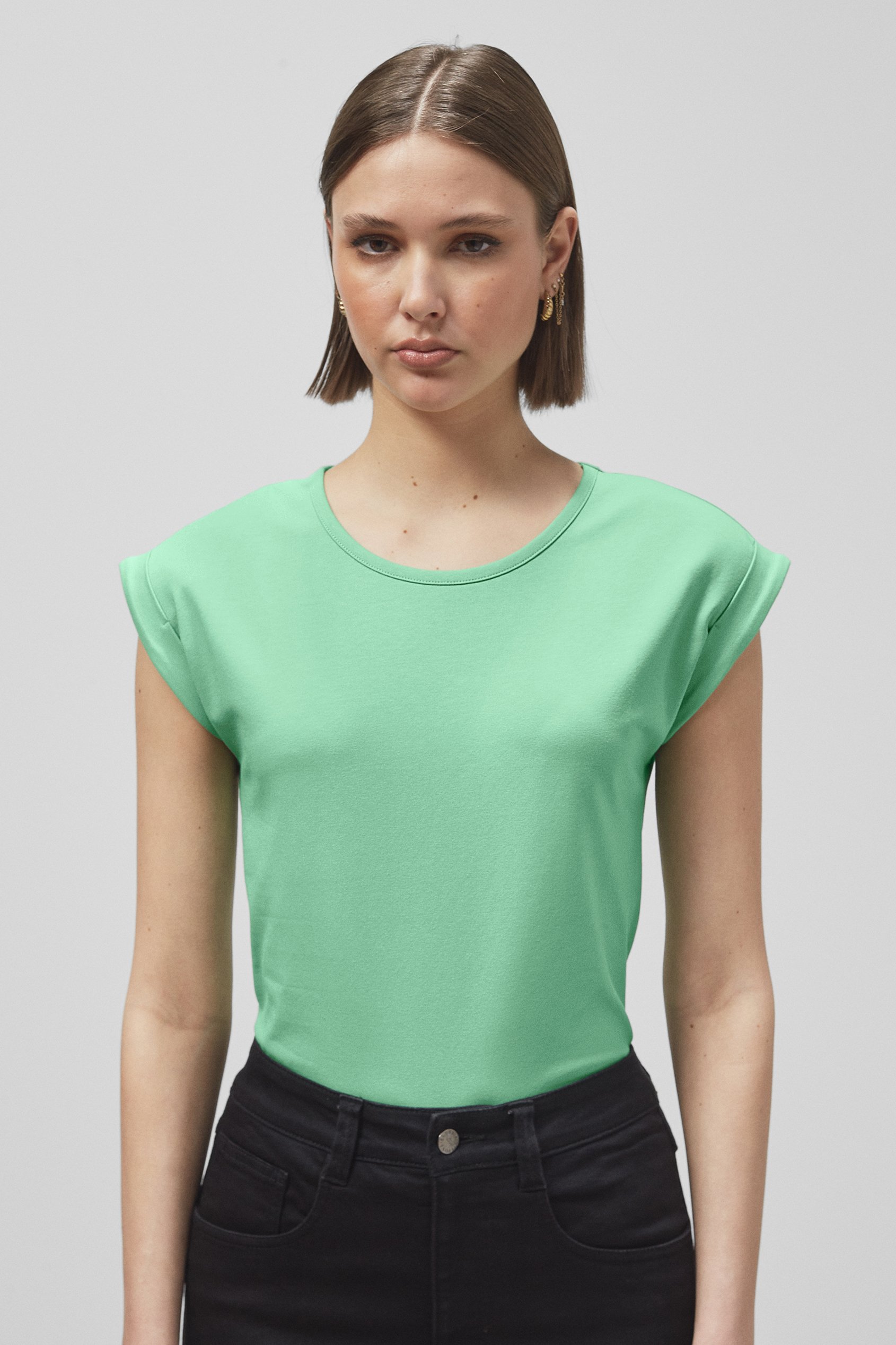 Shoulder Padded Cap-Sleeve Roll-Up T-Shirt