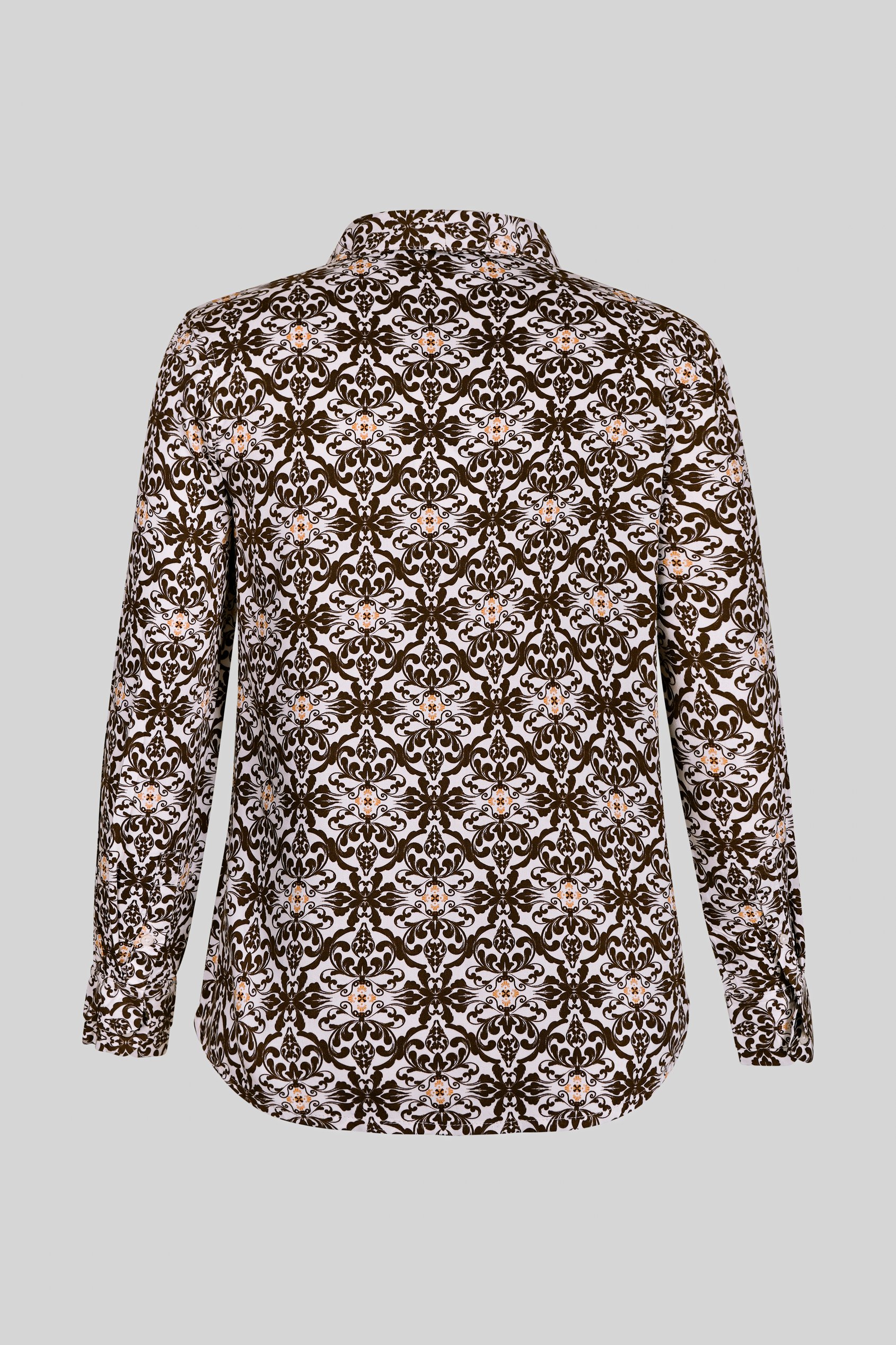 Ornate Print Tie-Neck Shirt With Zip Front