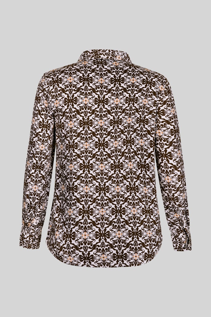 Ornate Print Tie-Neck Shirt With Zip Front