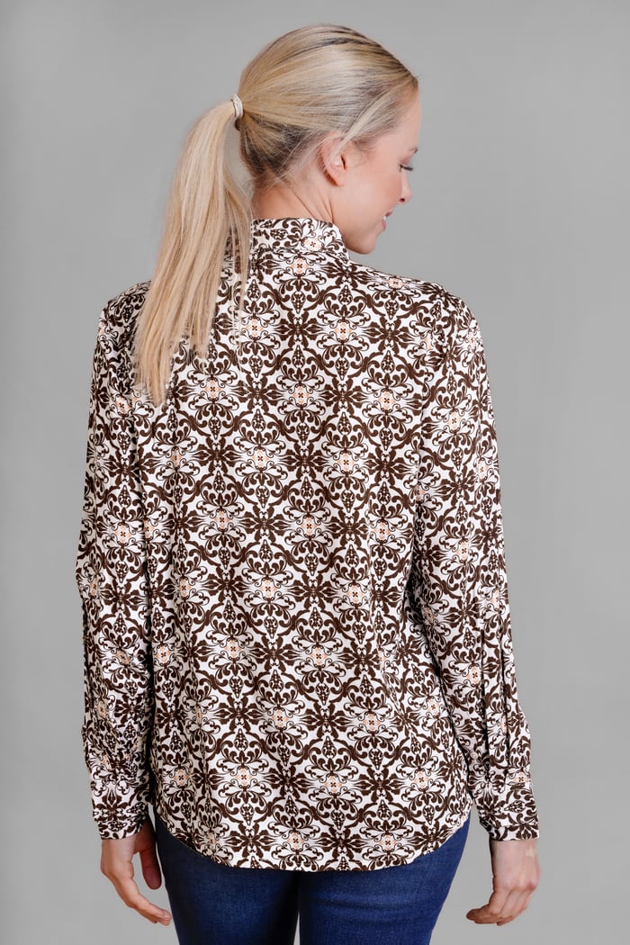 Ornate Print Tie-Neck Shirt With Zip Front