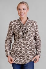 Ornate Print Tie-Neck Shirt With Zip Front