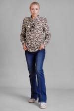 Ornate Print Tie-Neck Shirt With Zip Front