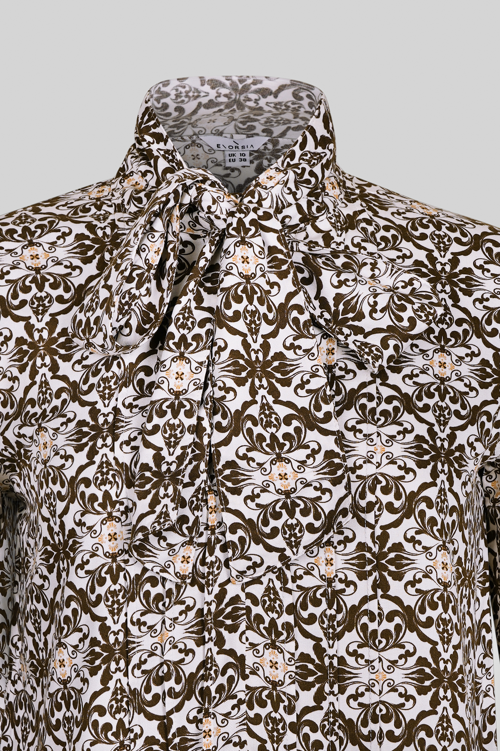 Ornate Print Tie-Neck Shirt With Zip Front