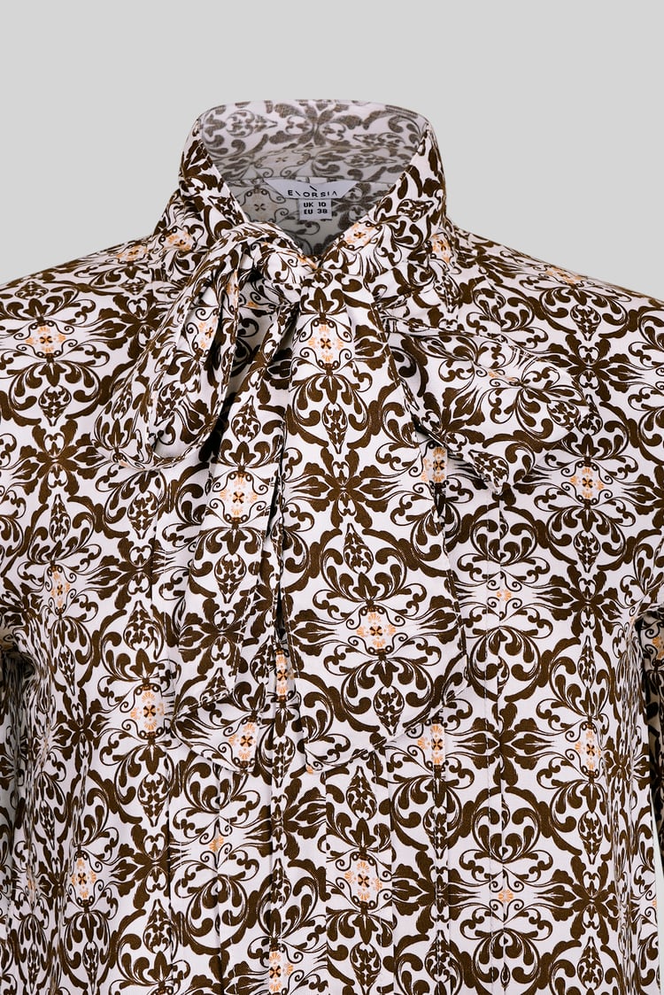 Ornate Print Tie-Neck Shirt With Zip Front