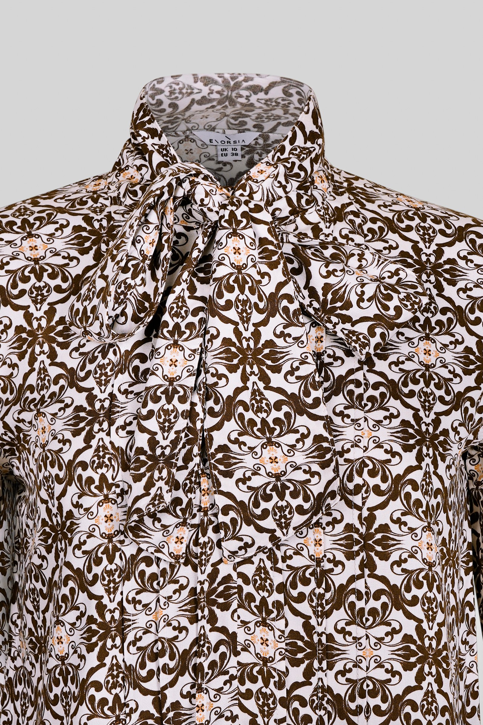 Ornate Print Tie-Neck Shirt With Zip Front