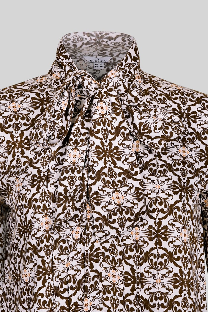 Ornate Print Tie-Neck Shirt With Zip Front