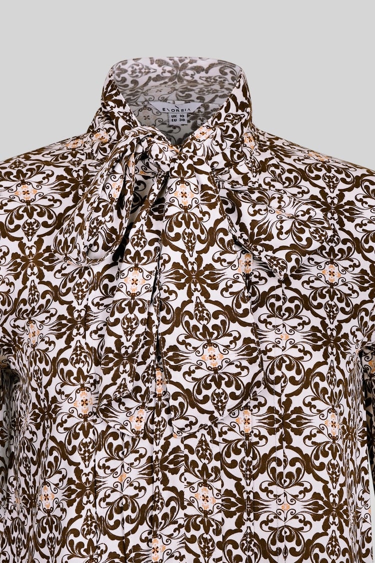 Ornate Print Tie-Neck Shirt With Zip Front