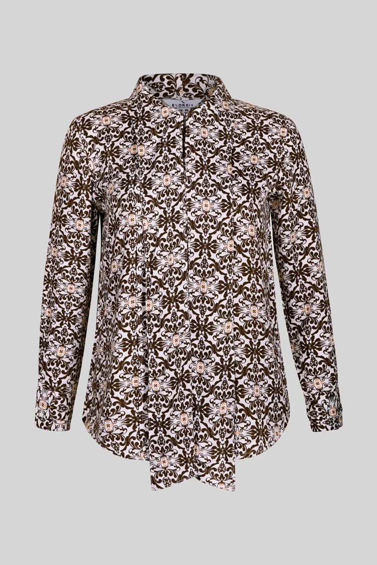 Ornate Print Tie-Neck Shirt With Zip Front