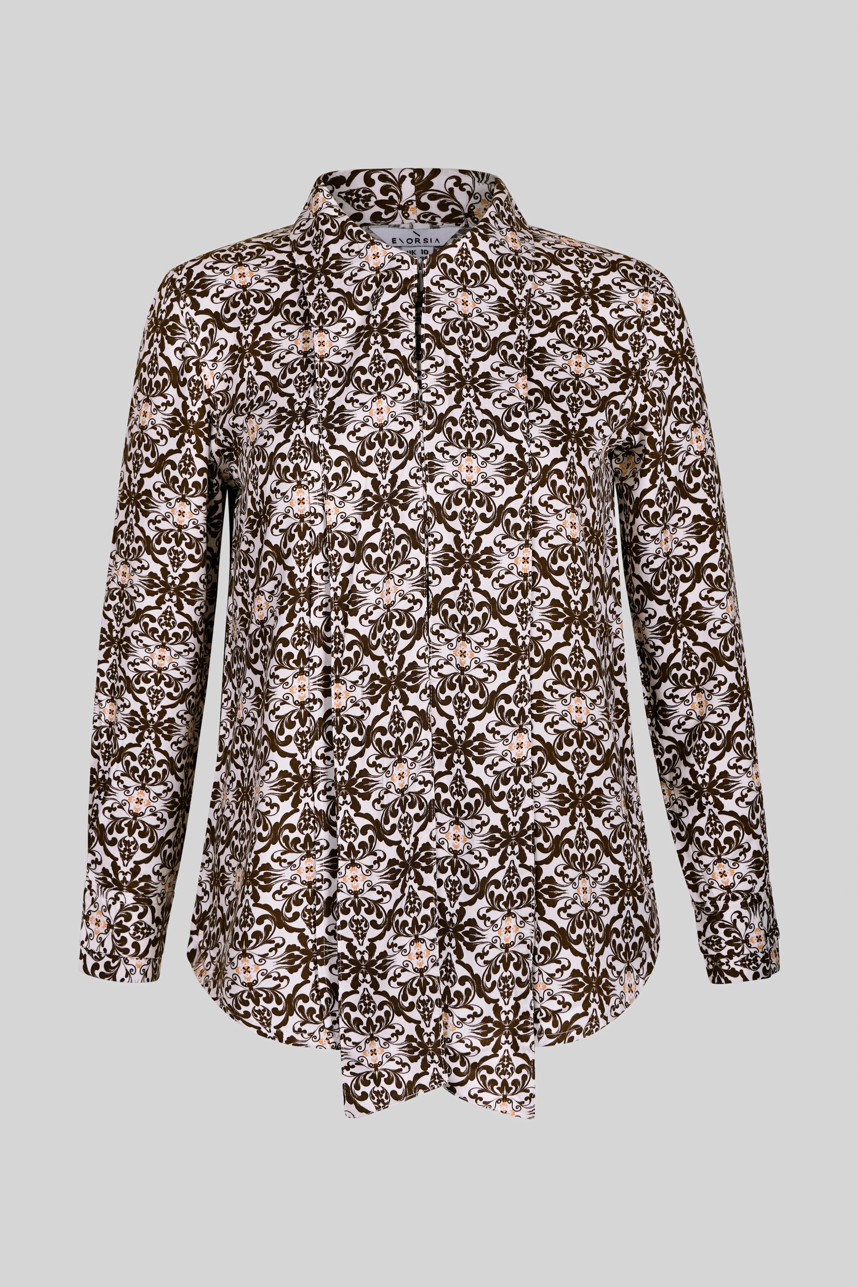 Ornate Print Tie-Neck Shirt With Zip Front