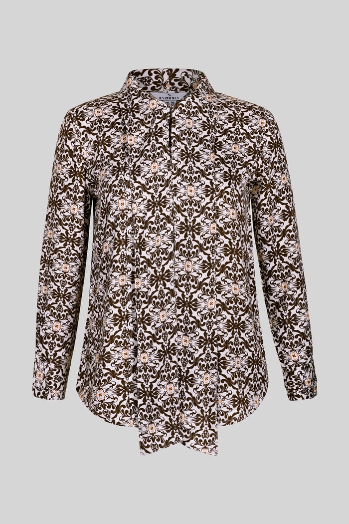 Ornate Print Tie-Neck Shirt With Zip Front