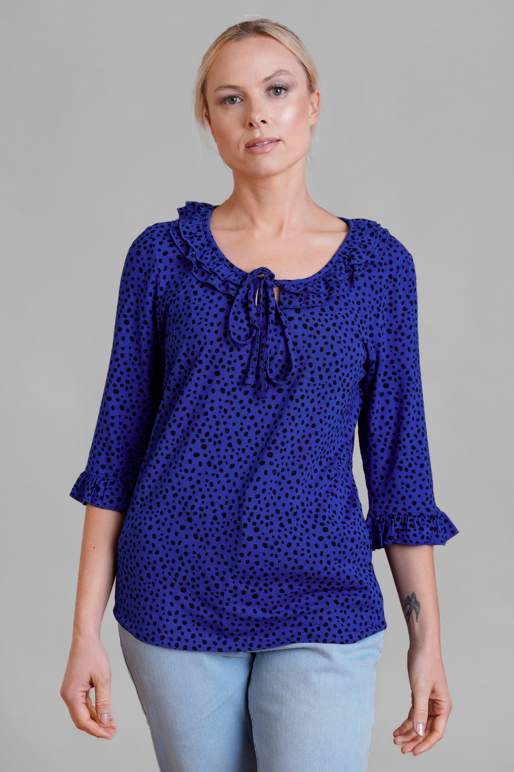 Women's Polka Dot  Prints  Frill Neck Jersey Blouse