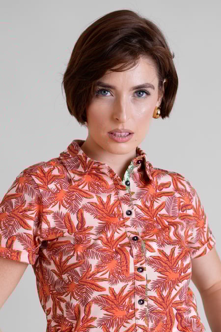 Pink Leaf Printed Semi Crop Shirts