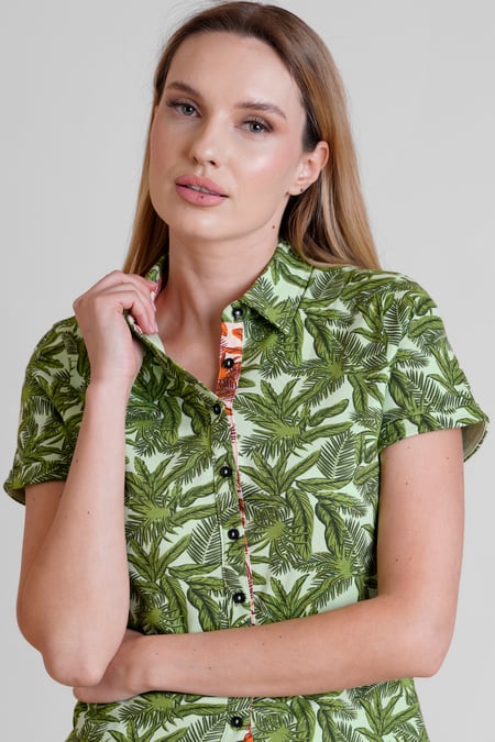 Green Leaf Printed Semi Crop Shirts