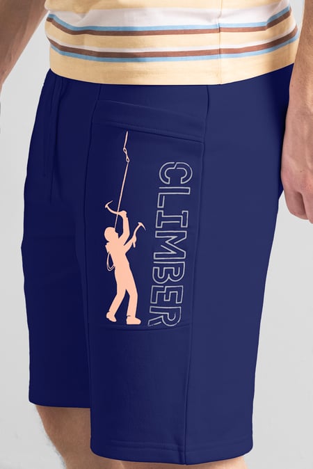 Mens Navy Brush Back Fleece Printed Shorts