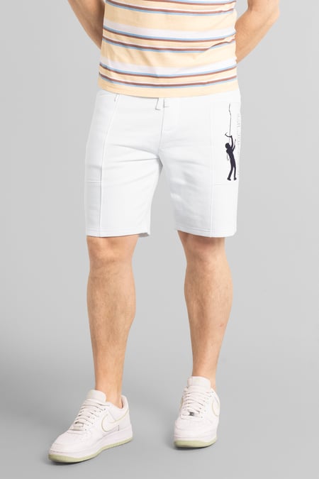 Mens White Brush Back Fleece Printed Shorts