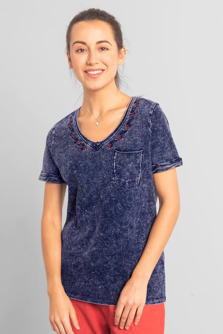 Blue Indigo Washed Embroidered V-Neck T-shirt