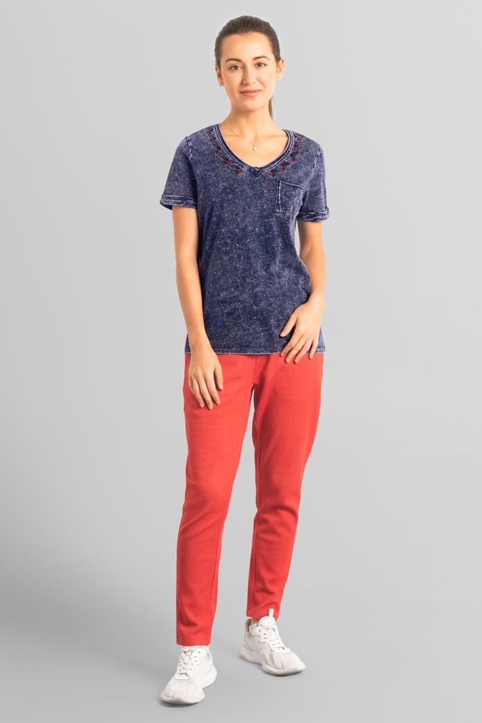 Indigo Washed Embroidered V-Neck T-shirt