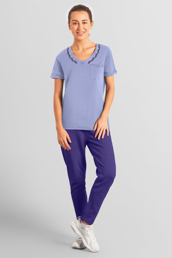 Indigo Washed Embroidered V-Neck T-shirt