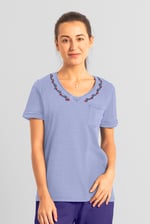 Indigo Washed Embroidered V-Neck T-shirt