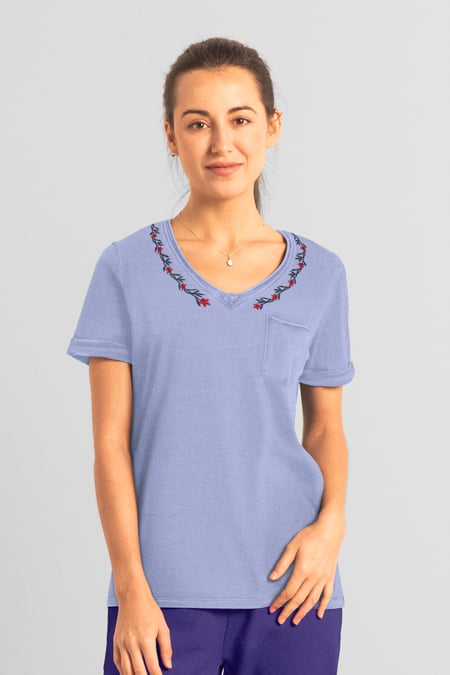 Blue Indigo Washed Embroidered V-Neck T-shirt