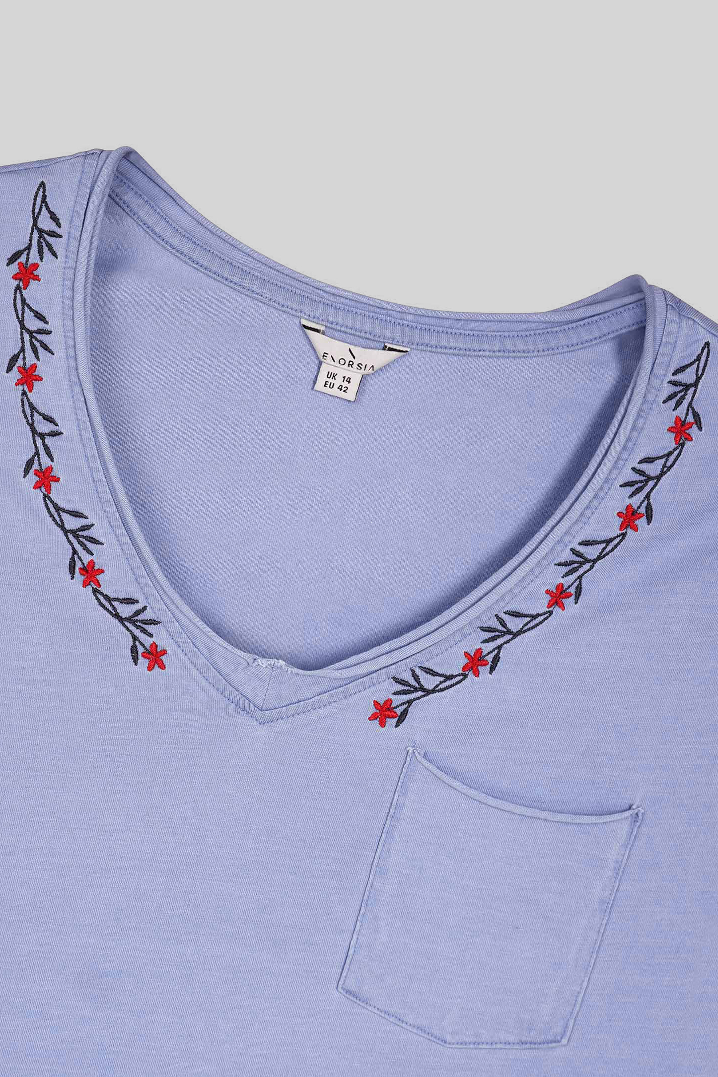 Indigo Washed Embroidered V-Neck T-shirt
