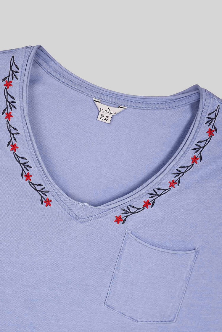 Indigo Washed Embroidered V-Neck T-shirt