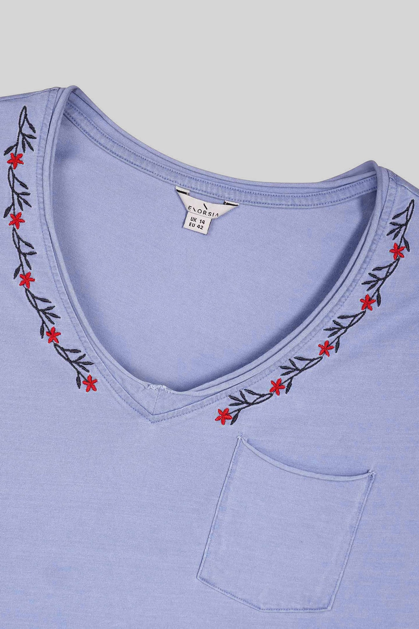 Indigo Washed Embroidered V-Neck T-shirt