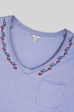 Indigo Washed Embroidered V-Neck T-shirt