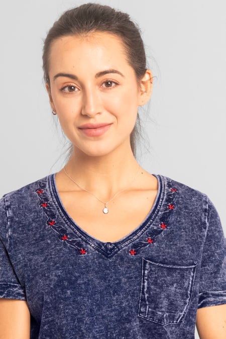 Blue Indigo Washed Embroidered V-Neck T-shirt