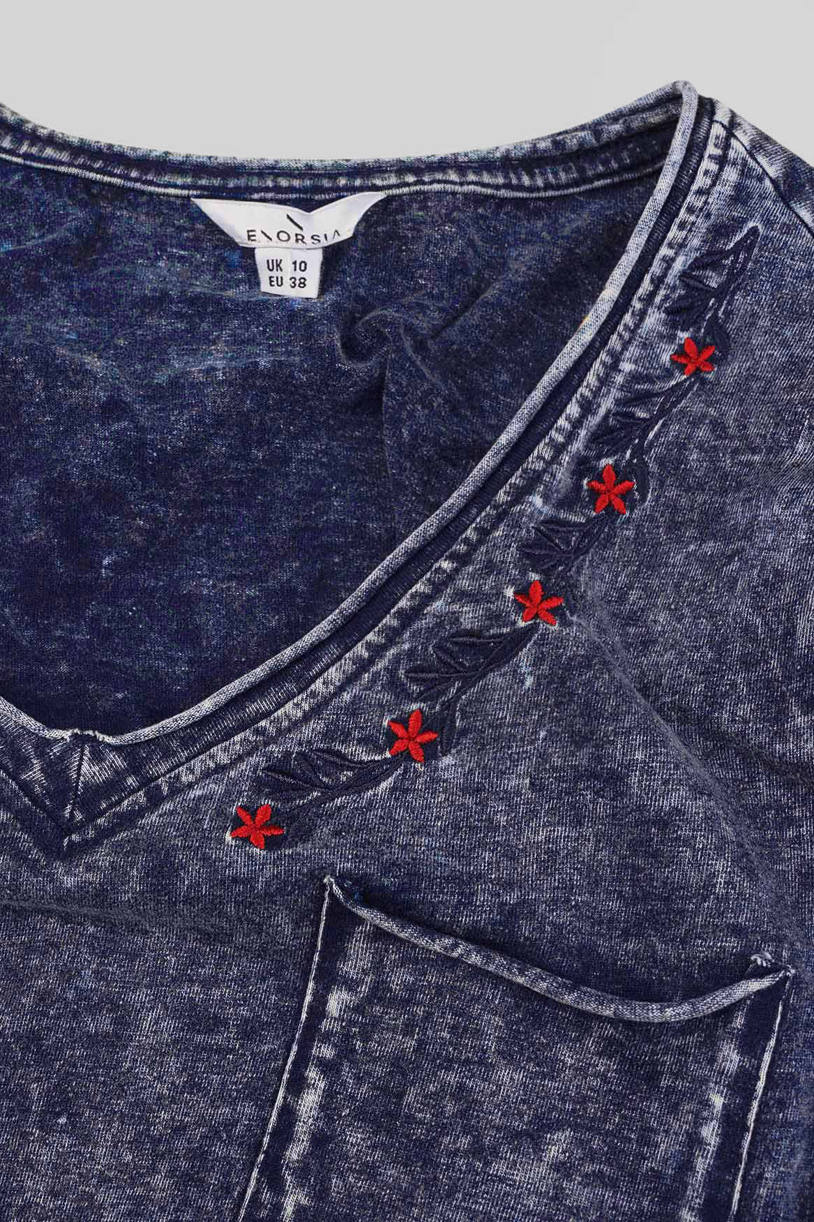 Indigo Washed Embroidered V-Neck T-shirt