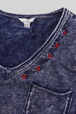 Indigo Washed Embroidered V-Neck T-shirt