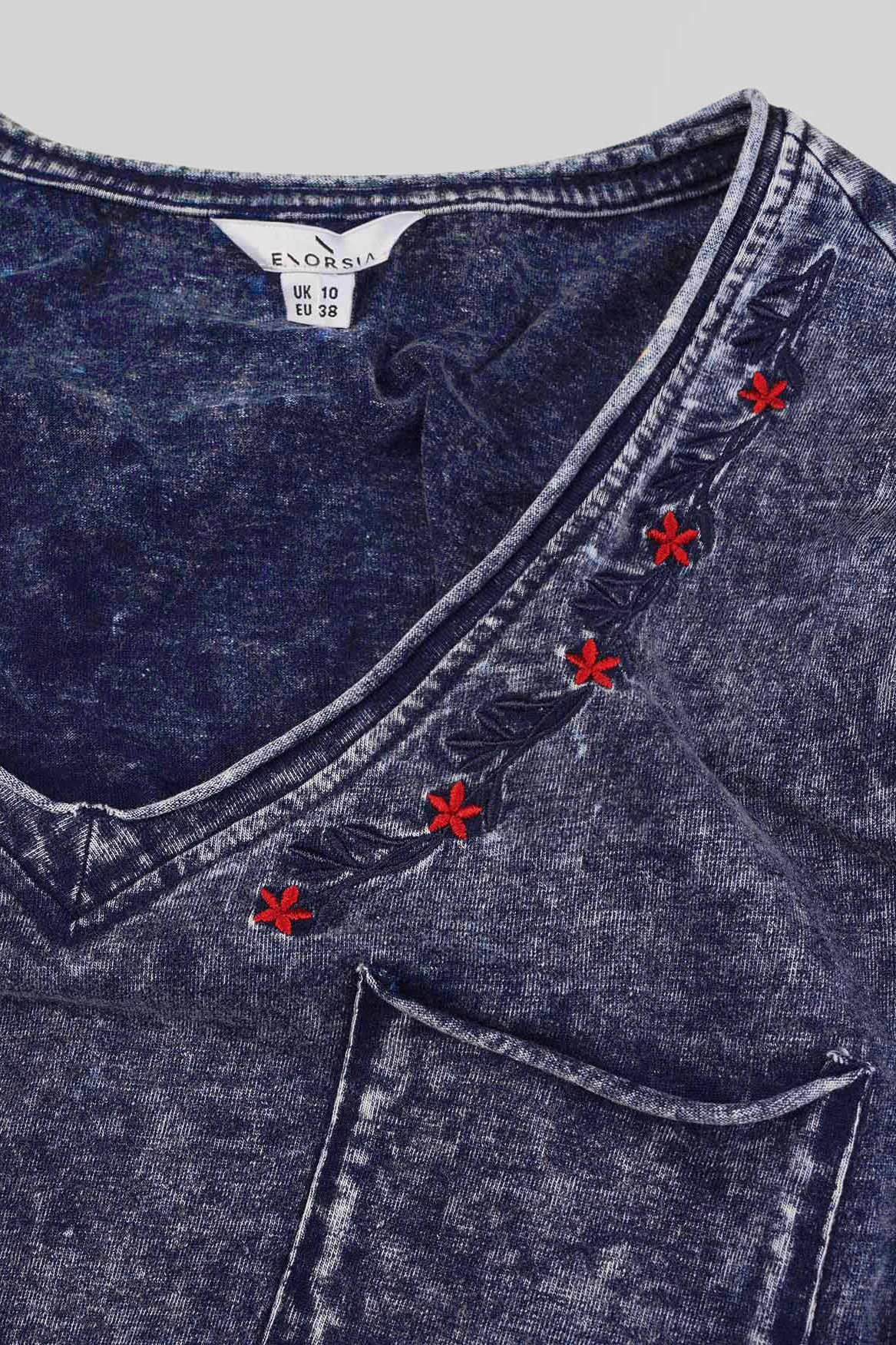 Indigo Washed Embroidered V-Neck T-shirt