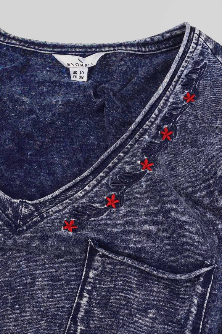 Indigo Washed Embroidered V-Neck T-shirt