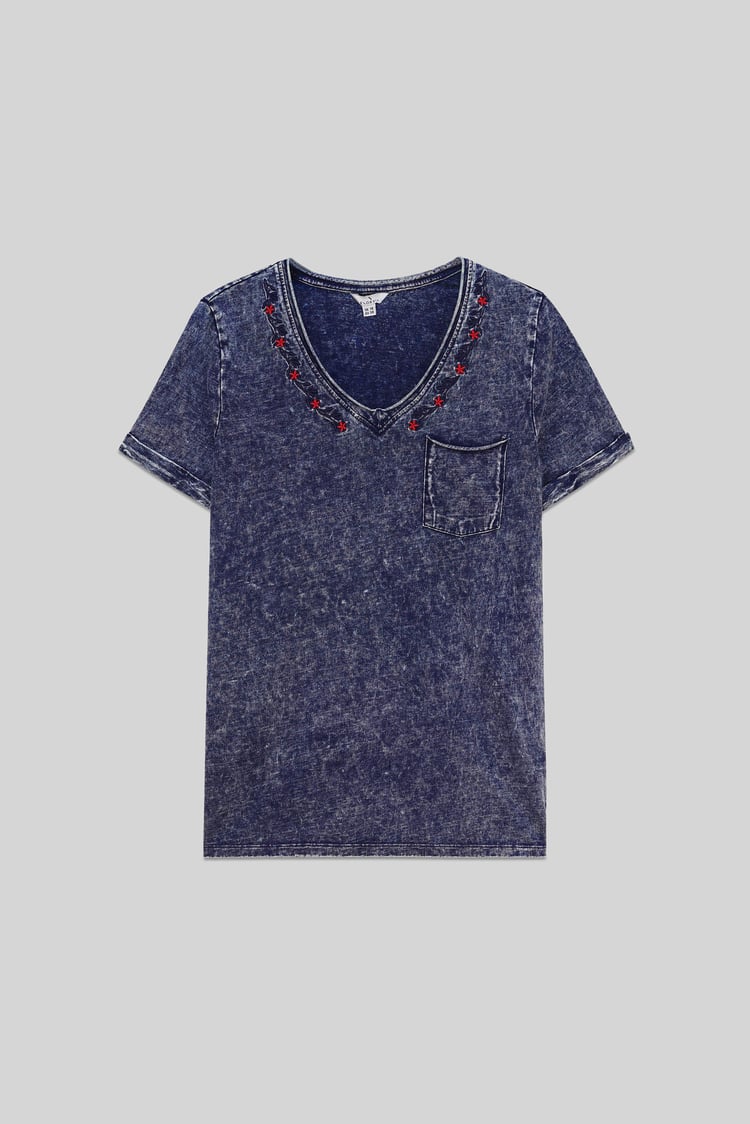 Indigo Washed Embroidered V-Neck T-shirt
