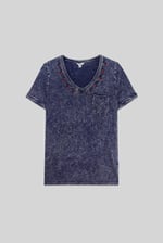 Indigo Washed Embroidered V-Neck T-shirt