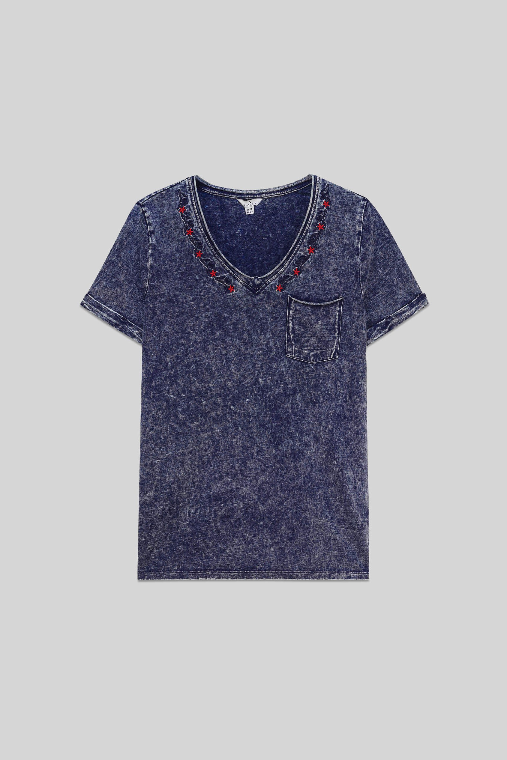 Indigo Washed Embroidered V-Neck T-shirt
