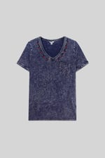 Indigo Washed Embroidered V-Neck T-shirt