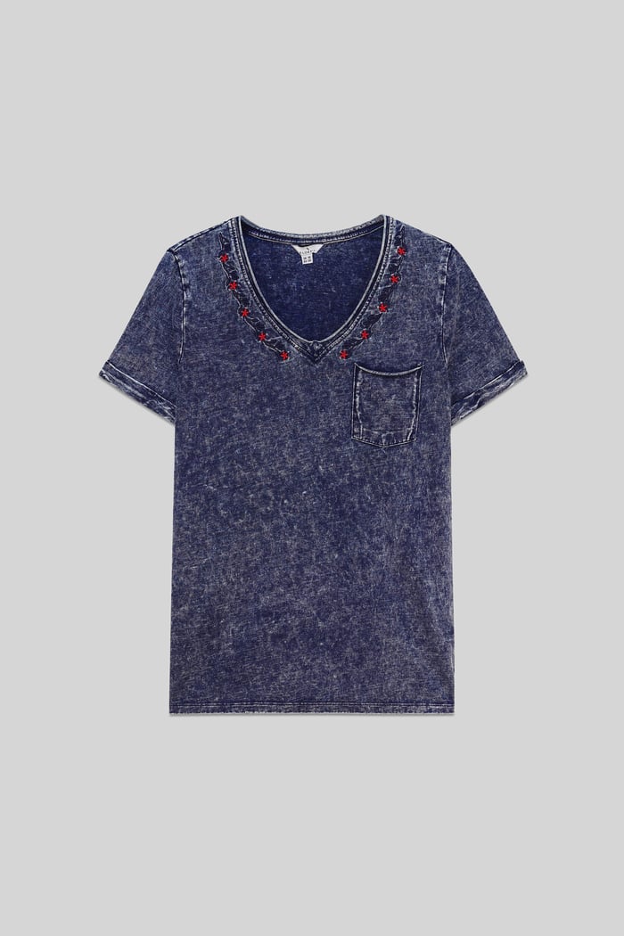 Indigo Washed Embroidered V-Neck T-shirt